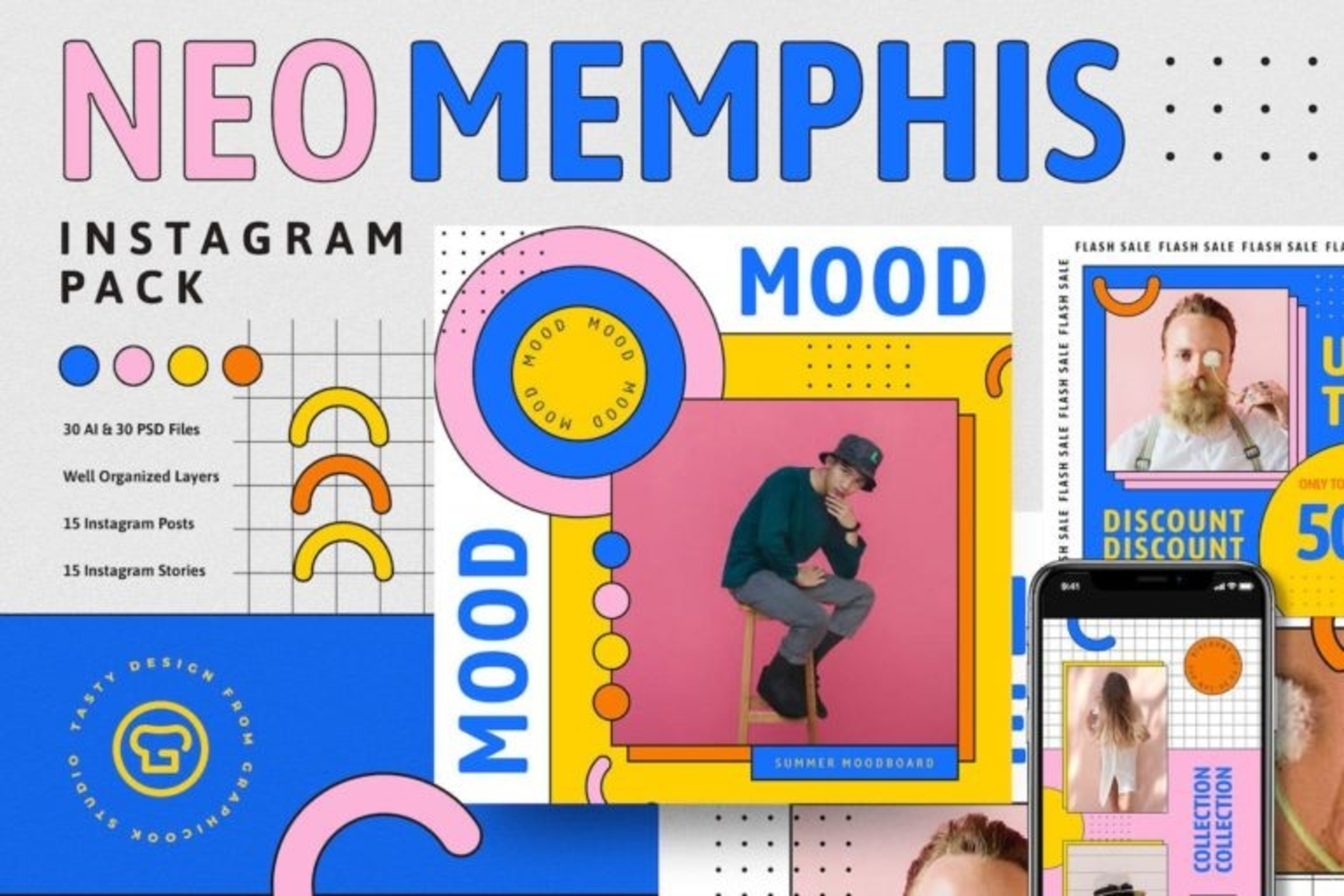 392 新孟菲斯时尚图形设计广告banner模板neo-memphis-instagram-pack