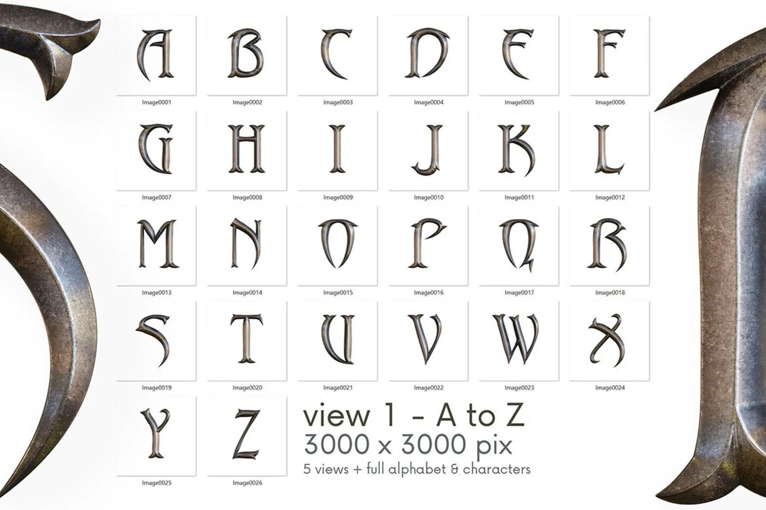 2057 古代金属兵器3D立体文字模型PNG免抠元素包Ancient Metal 3D Lettering