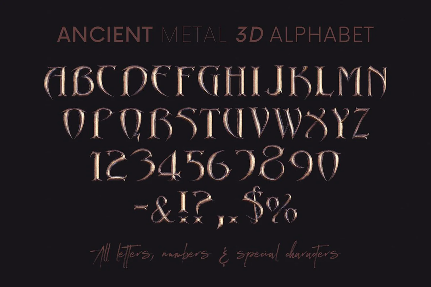 2057 古代金属兵器3D立体文字模型PNG免抠元素包Ancient Metal 3D Lettering