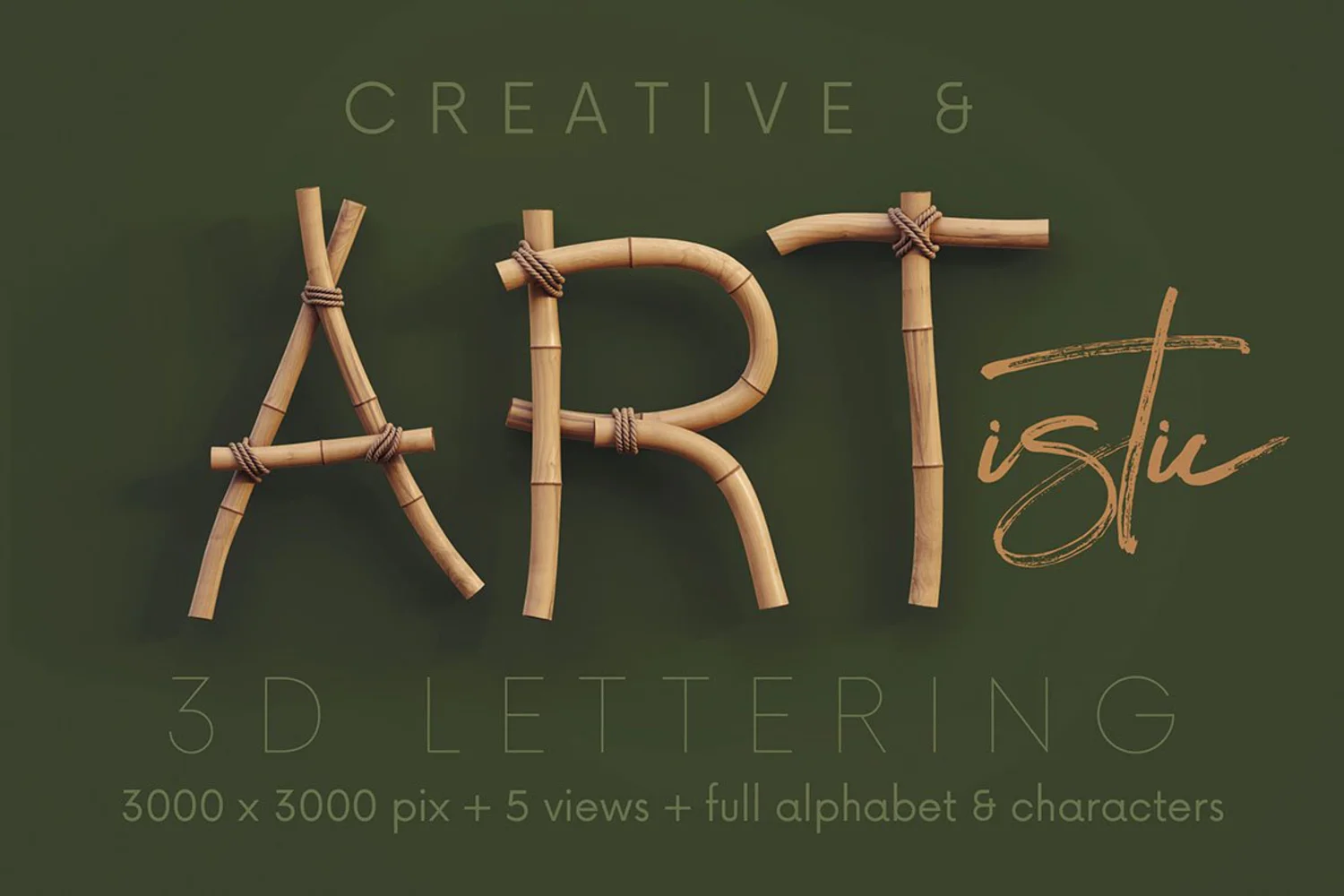 2058 3D竹艺艺术文字立体模型PNG免抠元素包Bamboo – 3D Lettering