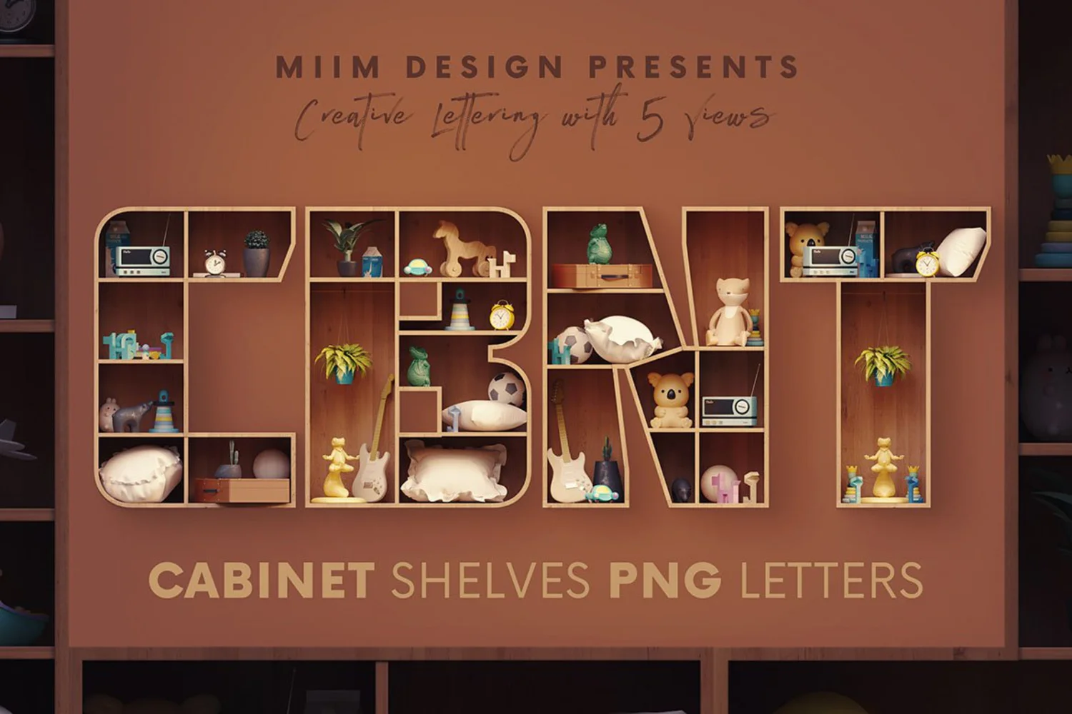 2060 3D书柜隔板艺术储物架字体模型PNG免抠素材包 Cabinet Shelves – 3D Lettering