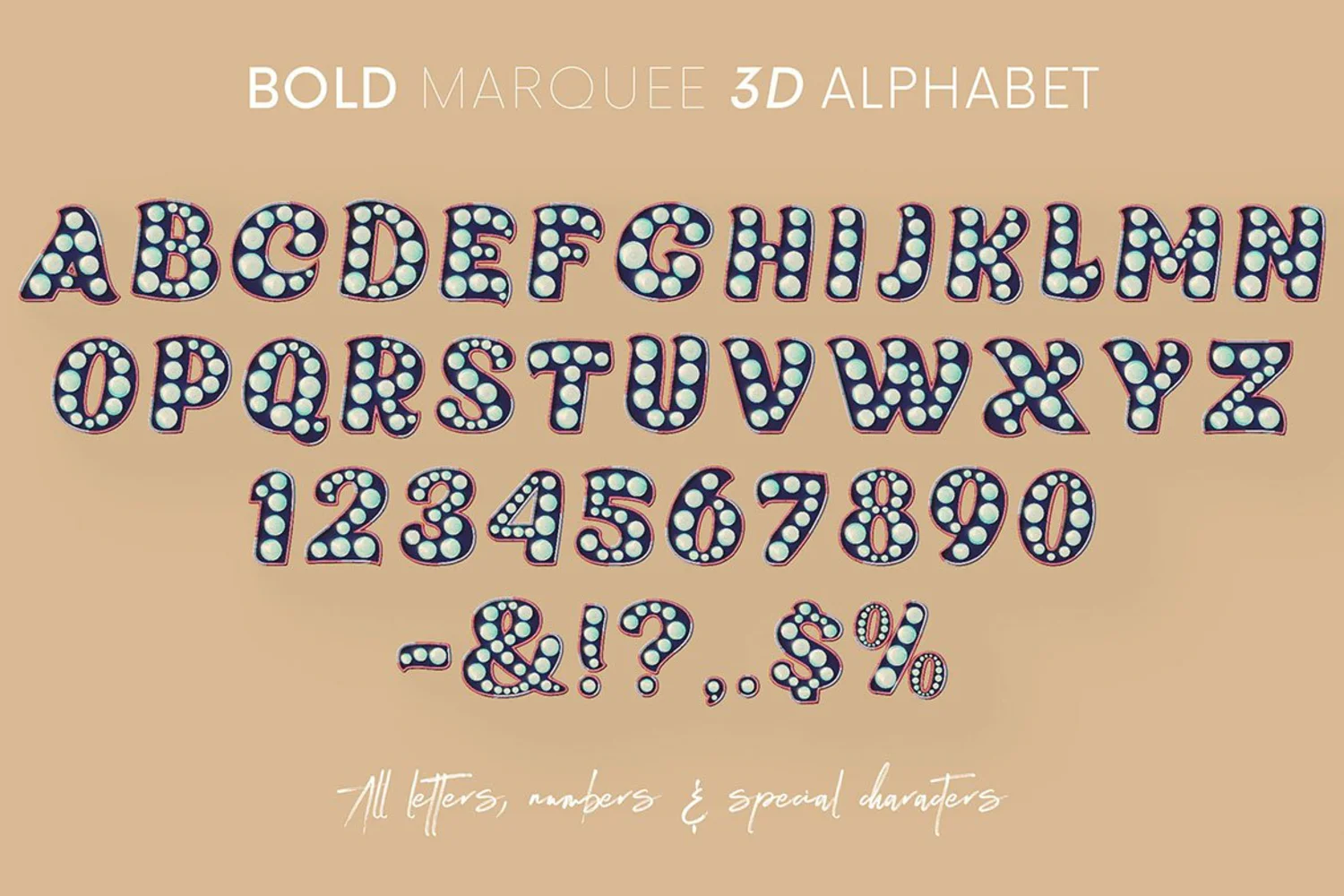 2063 3D立体灯珠文字字母数字PNG免抠素材包Bold Marquee – 3D Lettering