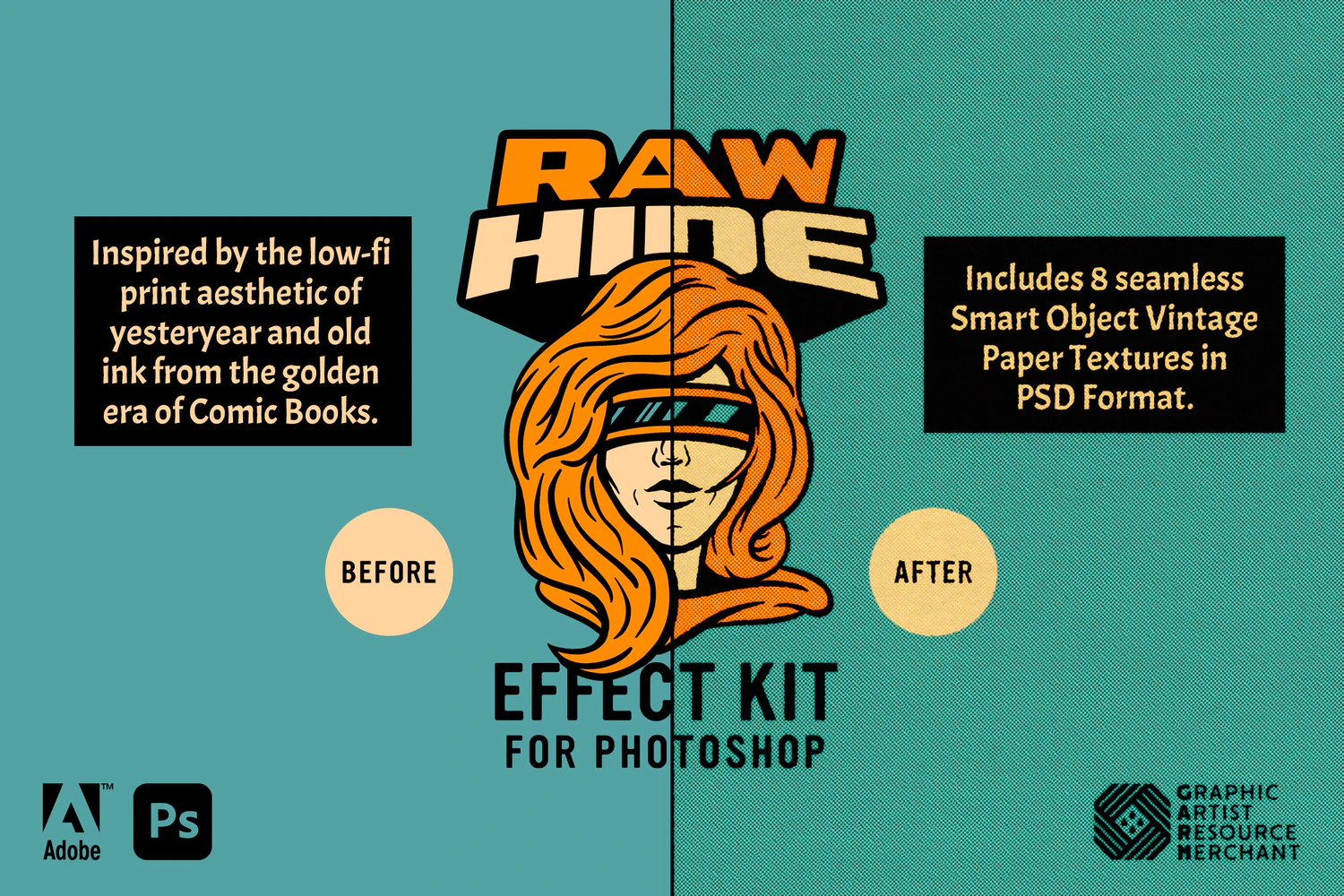 2067 复古打印效果PS一键生成动作和纸质背景素材Raw Hide – Print Effect Kit (Photoshop)