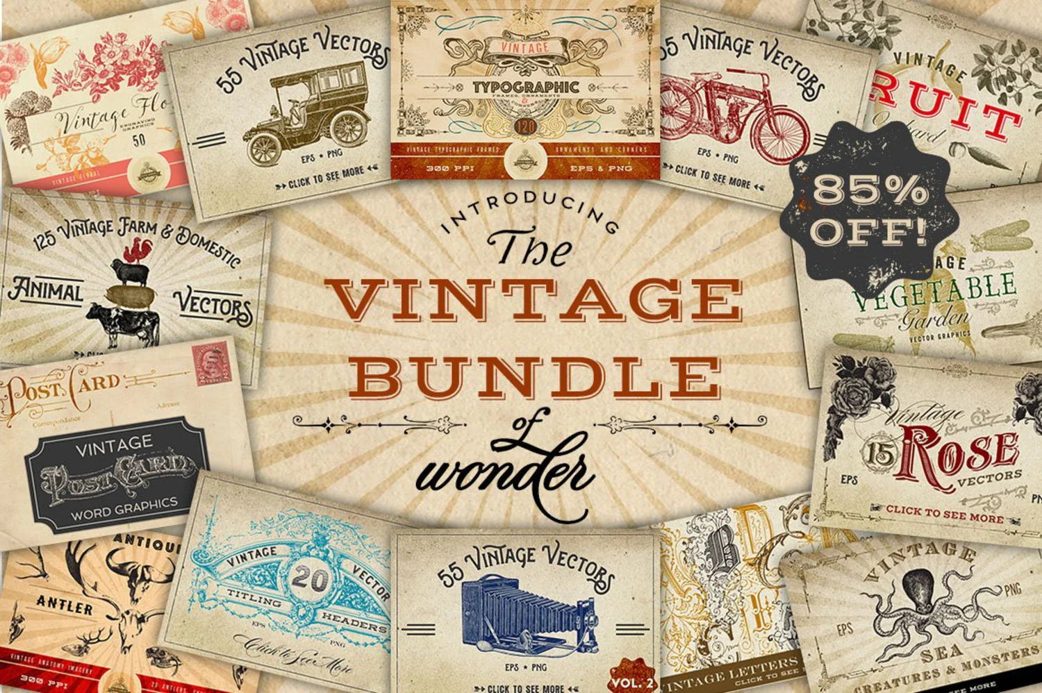 2080 美式复古农场动物运输工具照相机水果等复古古董插画合集Vintage Bundle of Wonder