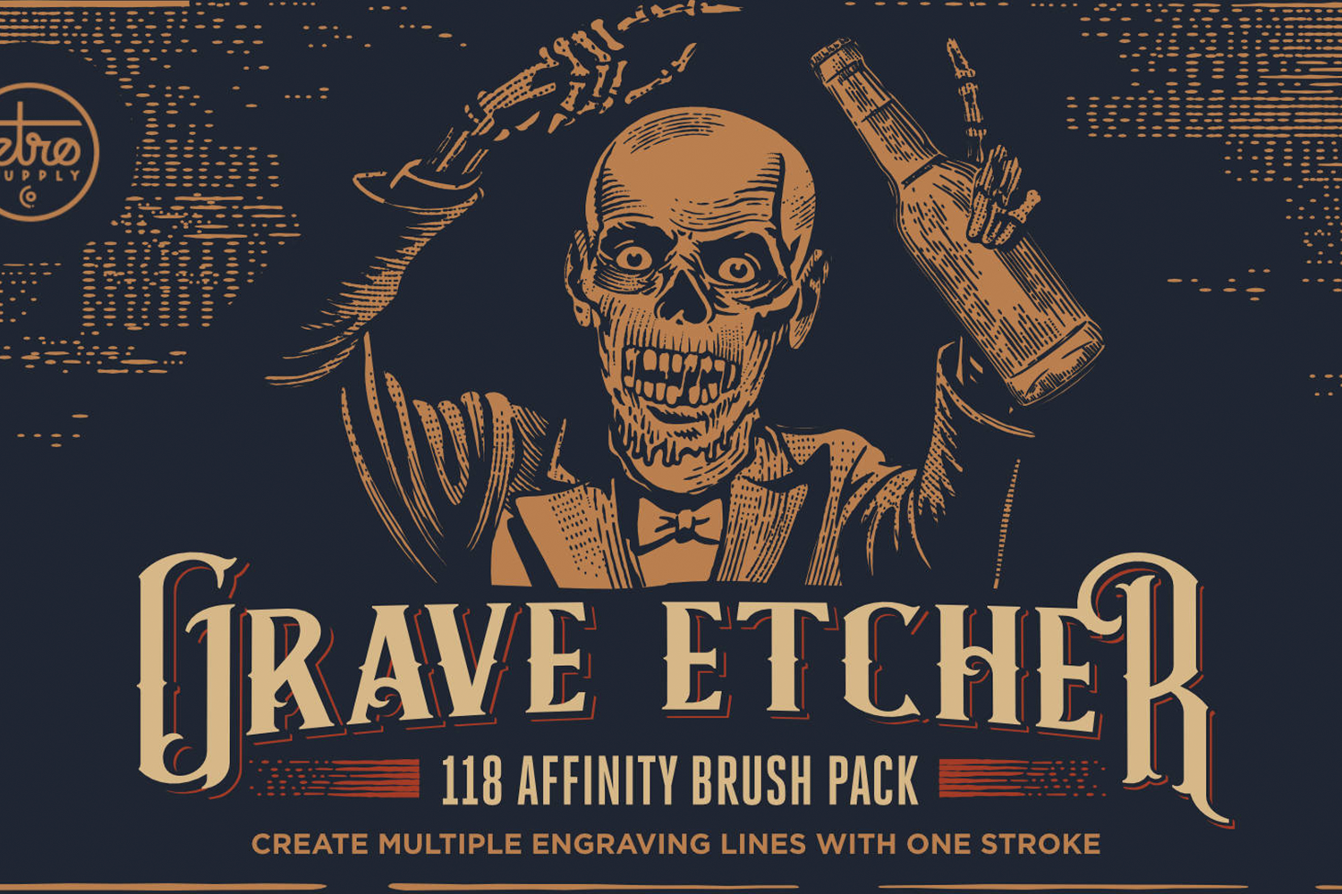 2094 Affinity雕刻风格的复古插图画笔笔刷素材包Grave Etcher Brush Pack