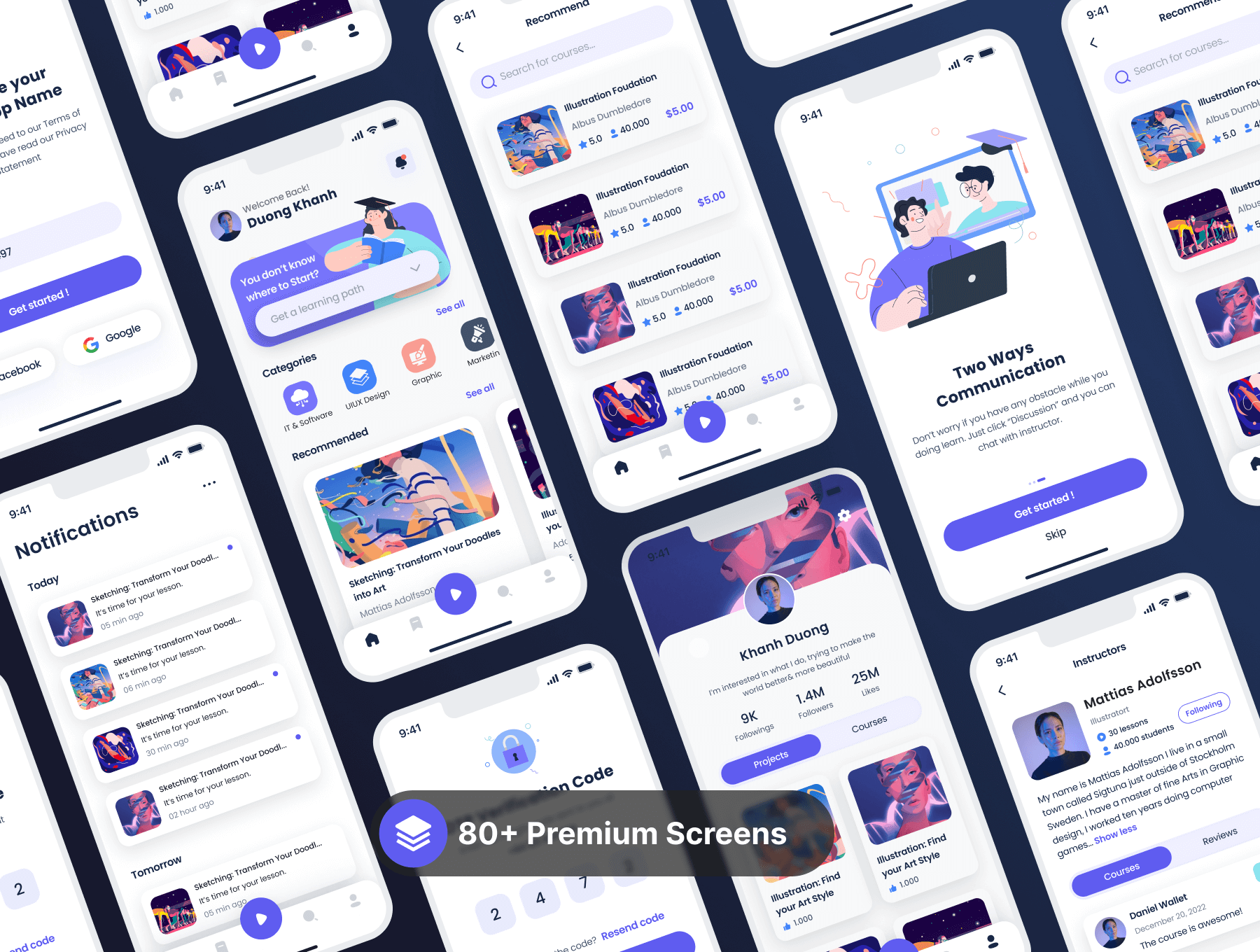 80个紫色绚丽在线学习移动APP UI Kit素材