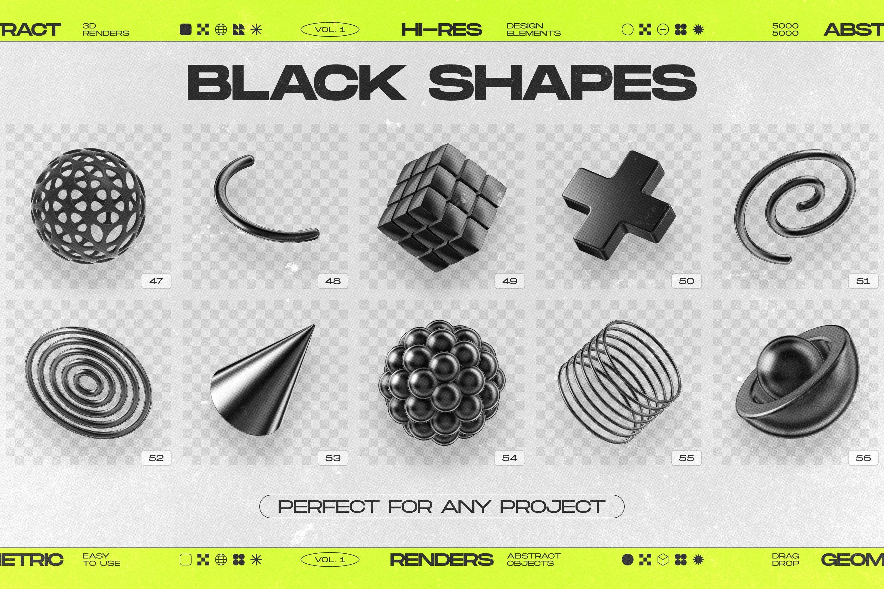 高清3D素材PNG透明背景5000分辨率设计师必备抽象几何图形130 Black 3D Elements Collection-果觅网
