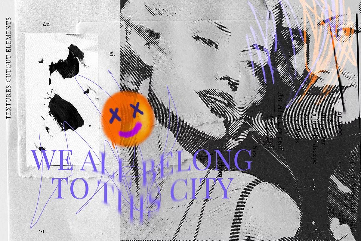 复古riso效果12女郎手绘涂鸦数字拼贴100+纸张纹理设计素材包Grunge Paper Collage & Scribbles-果觅网