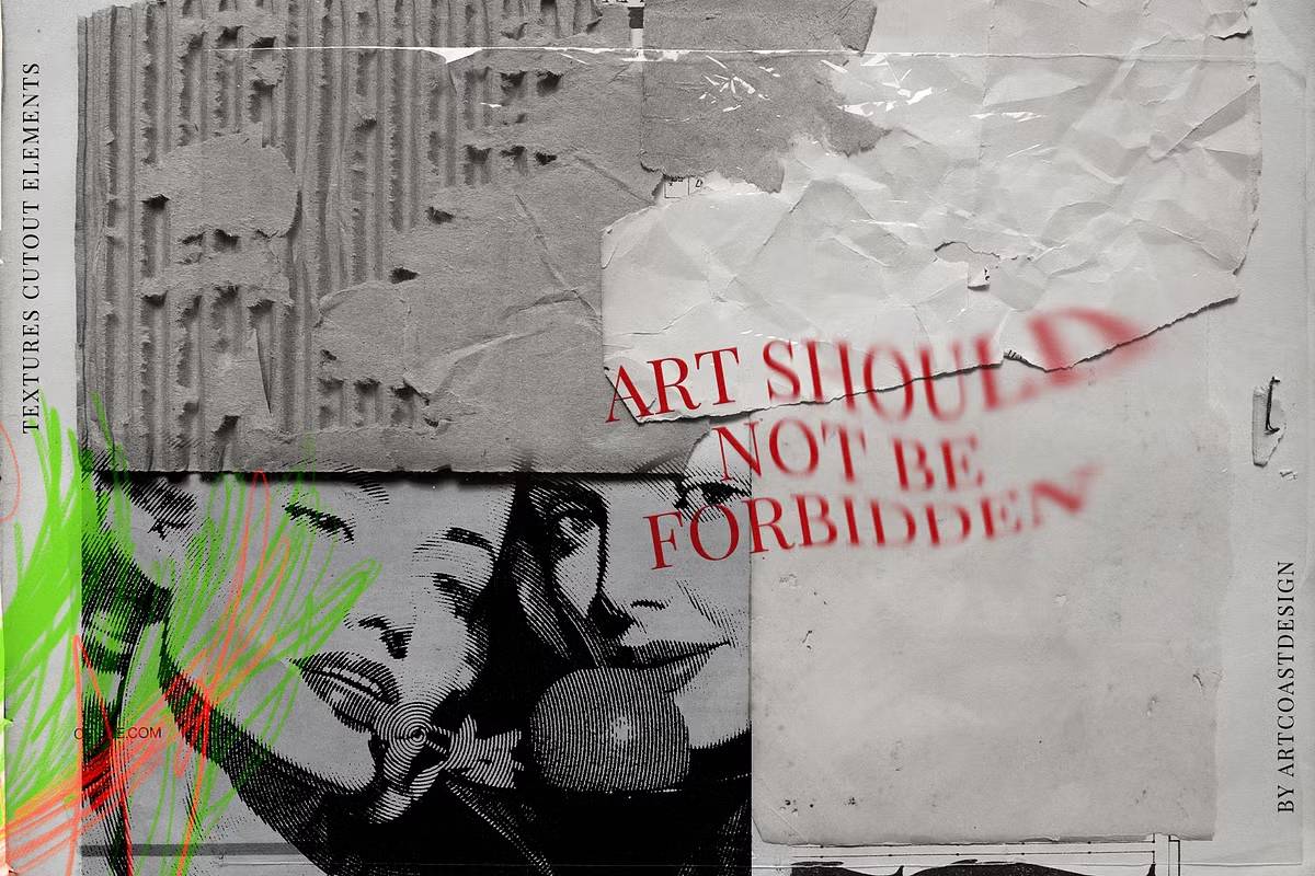 复古riso效果12女郎手绘涂鸦数字拼贴100+纸张纹理设计素材包Grunge Paper Collage & Scribbles-果觅网