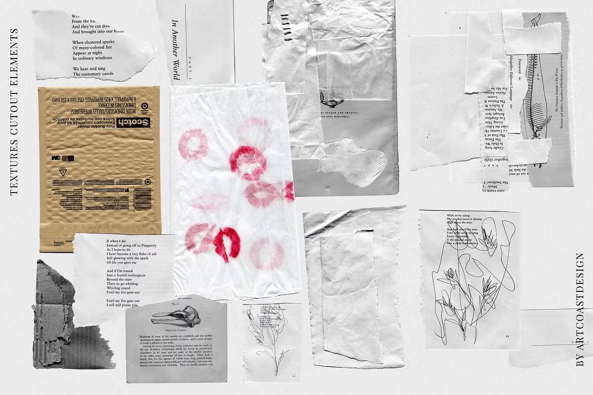 复古riso效果12女郎手绘涂鸦数字拼贴100+纸张纹理设计素材包Grunge Paper Collage & Scribbles-果觅网