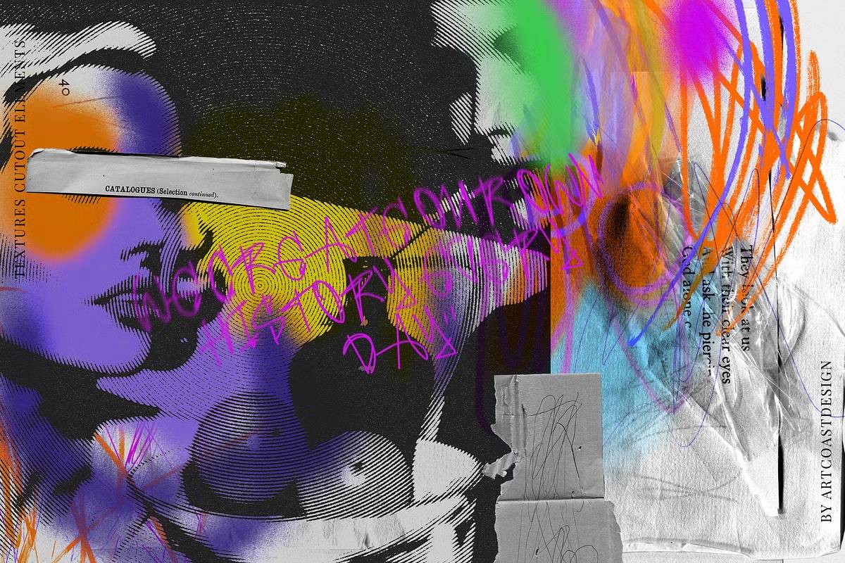 复古riso效果12女郎手绘涂鸦数字拼贴100+纸张纹理设计素材包Grunge Paper Collage & Scribbles-果觅网