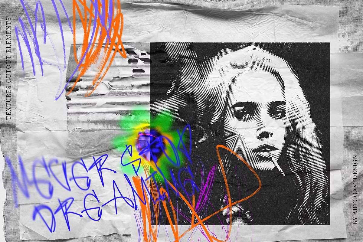 复古riso效果12女郎手绘涂鸦数字拼贴100+纸张纹理设计素材包Grunge Paper Collage & Scribbles-果觅网