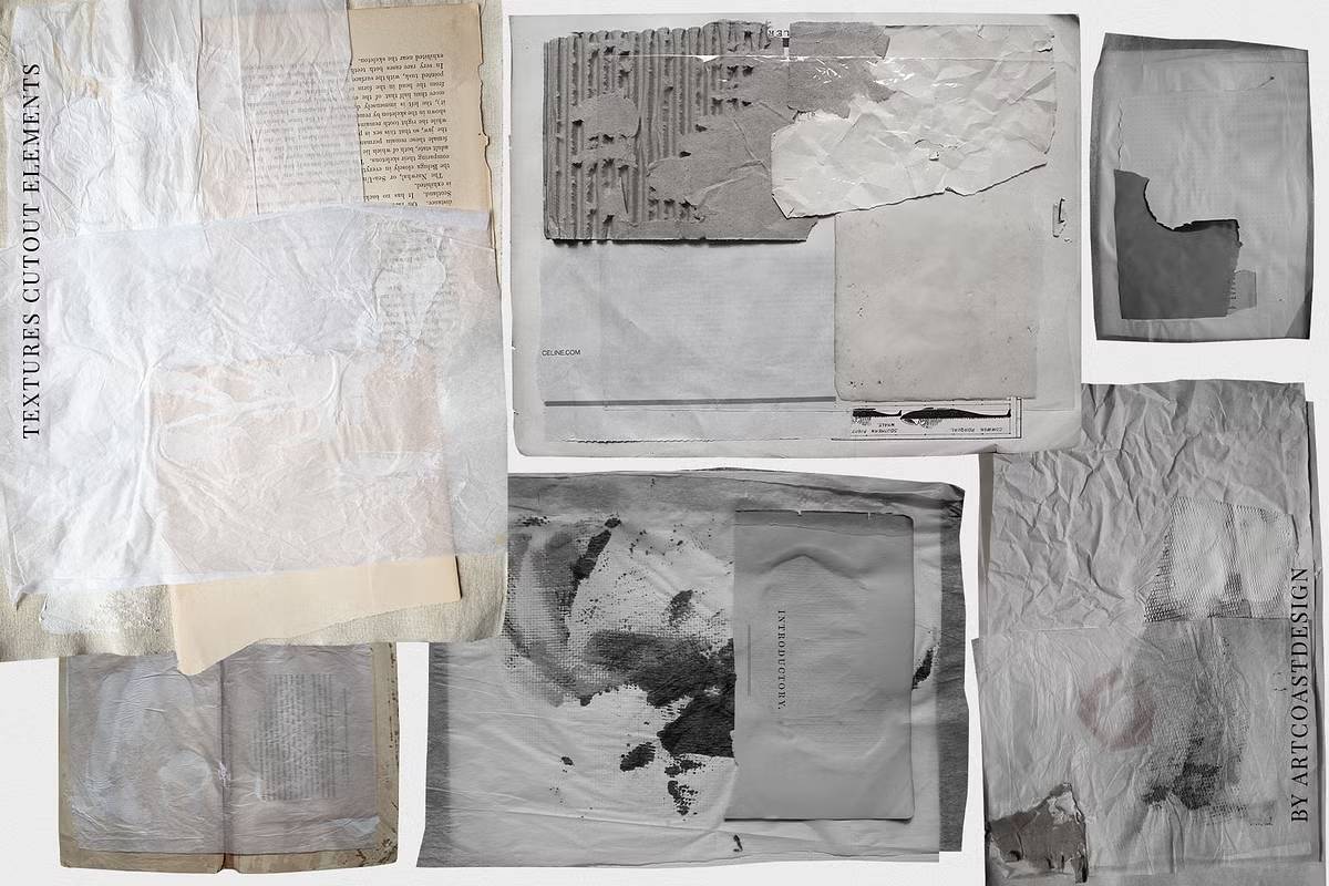 复古riso效果12女郎手绘涂鸦数字拼贴100+纸张纹理设计素材包Grunge Paper Collage & Scribbles-果觅网