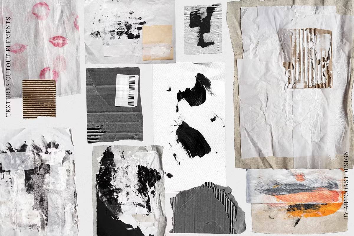 复古riso效果12女郎手绘涂鸦数字拼贴100+纸张纹理设计素材包Grunge Paper Collage & Scribbles-果觅网