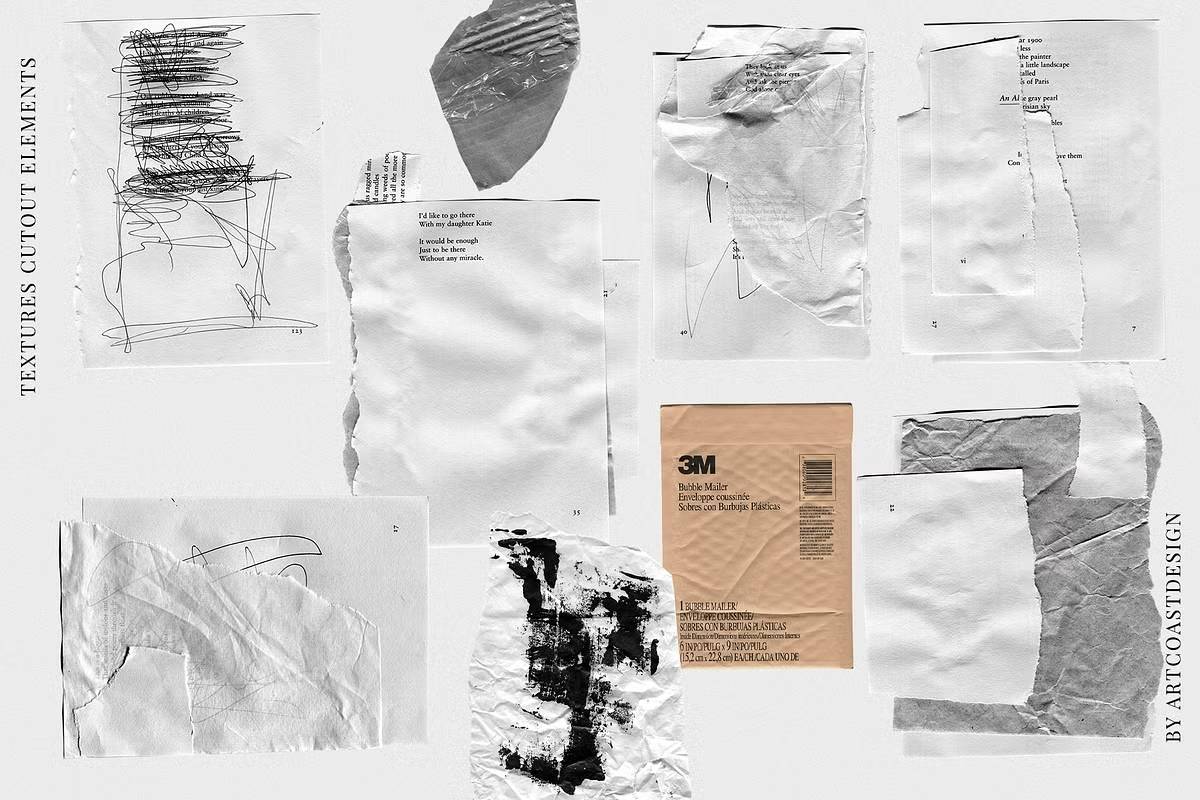 复古riso效果12女郎手绘涂鸦数字拼贴100+纸张纹理设计素材包Grunge Paper Collage & Scribbles-果觅网