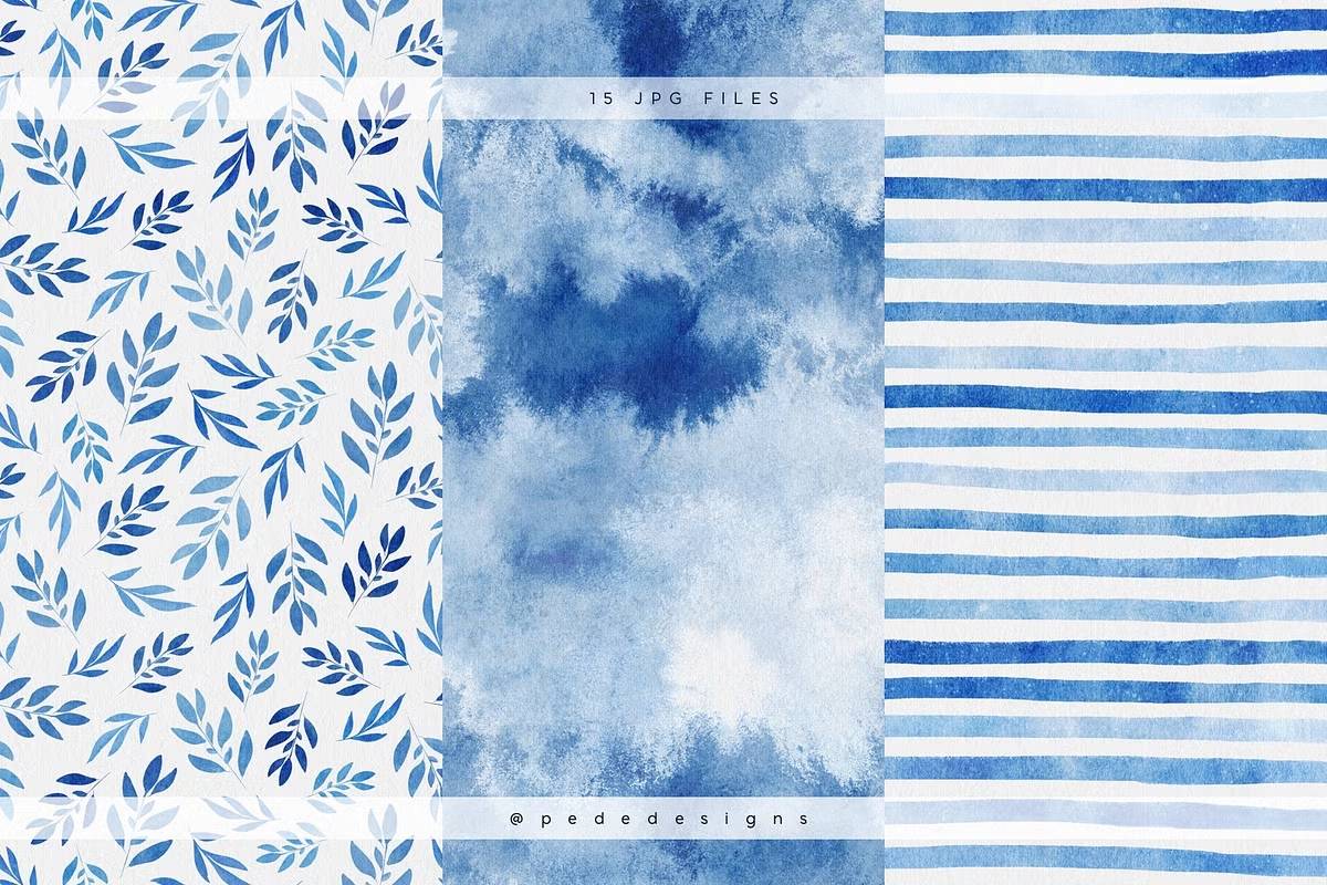 高清水彩纹理无缝背景数字纸张12x12英寸300dpi设计素材包Navy-Blue-Watercolor-Digital-Papers-果觅网
