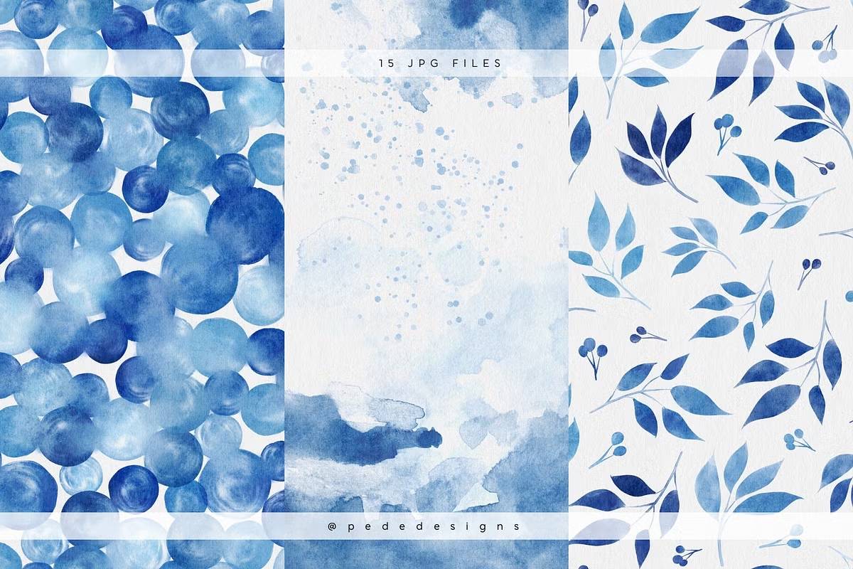 高清水彩纹理无缝背景数字纸张12x12英寸300dpi设计素材包Navy-Blue-Watercolor-Digital-Papers-果觅网