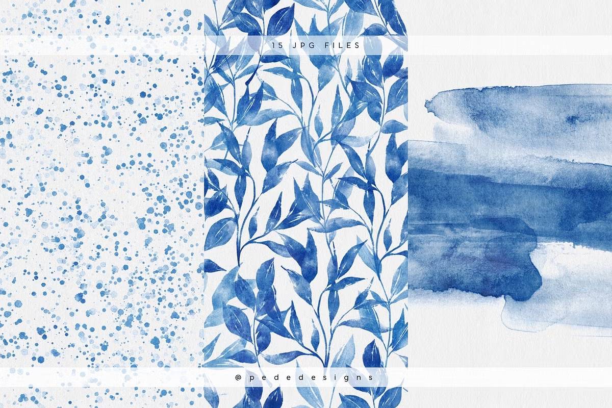 高清水彩纹理无缝背景数字纸张12x12英寸300dpi设计素材包Navy-Blue-Watercolor-Digital-Papers-果觅网