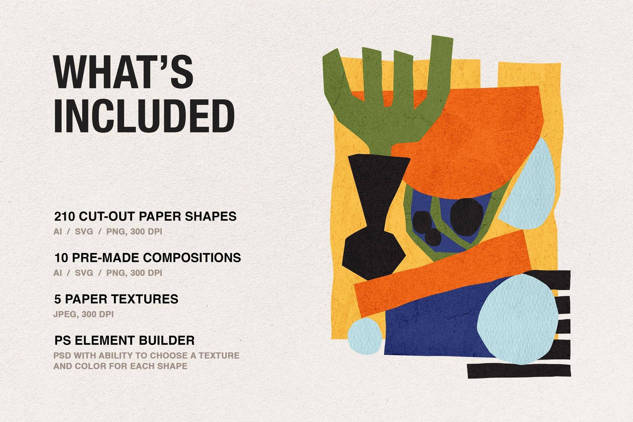 马蒂斯几何抽象拼贴210+矢量素材包DIY创意设计工具Paper Cut Out Shapes Collection-果觅网