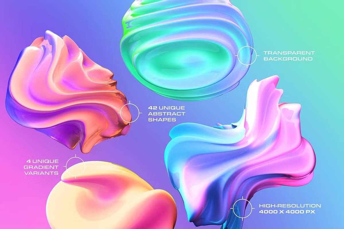 168款设计师必备渐变抽象PNG素材4000x4000高清一键拖拽3D Gradient Abstract Shapes-果觅网