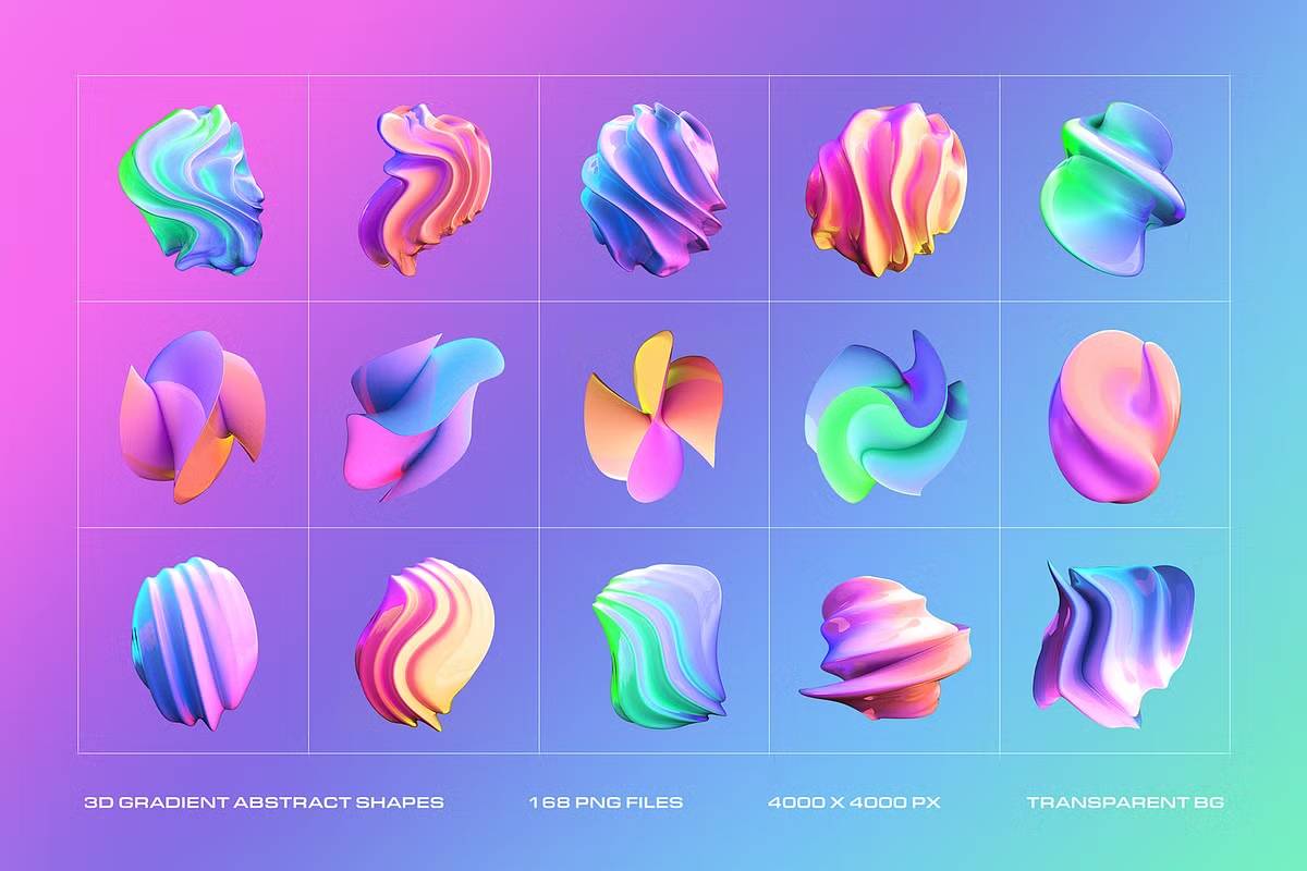 168款设计师必备渐变抽象PNG素材4000x4000高清一键拖拽3D Gradient Abstract Shapes-果觅网