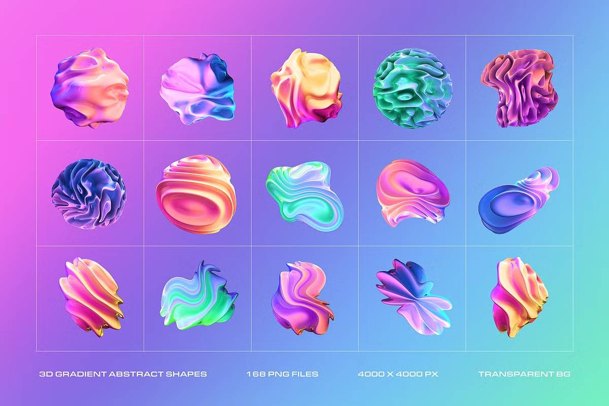 168款设计师必备渐变抽象PNG素材4000x4000高清一键拖拽3D Gradient Abstract Shapes-果觅网