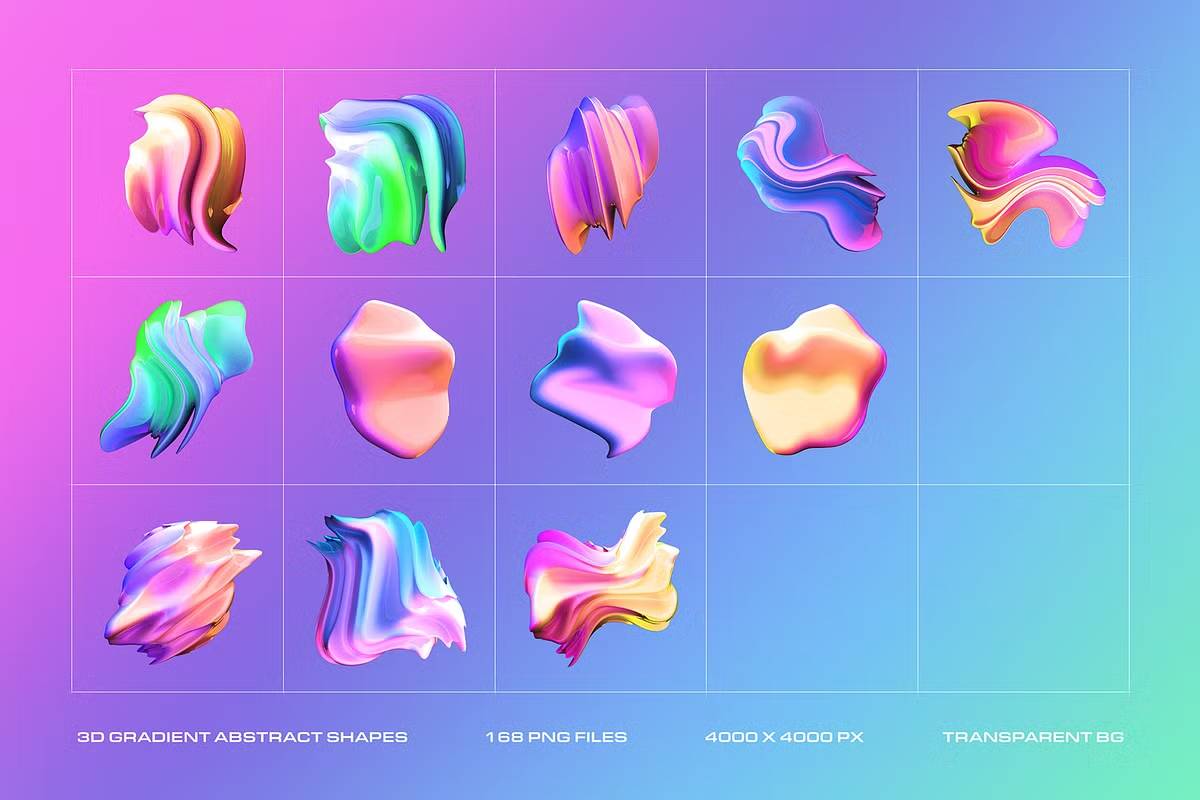 168款设计师必备渐变抽象PNG素材4000x4000高清一键拖拽3D Gradient Abstract Shapes-果觅网