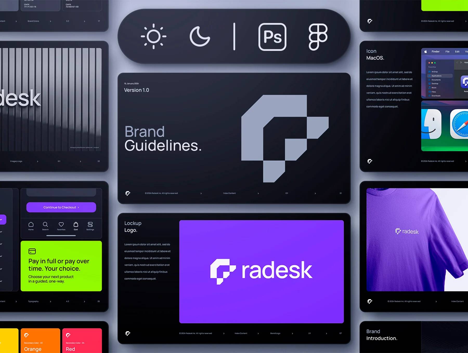 A3867 高端品牌PSD Figma模板 115智能换标 92组件 36屏双模式UI设计Brand Guidelines Template – Radesk