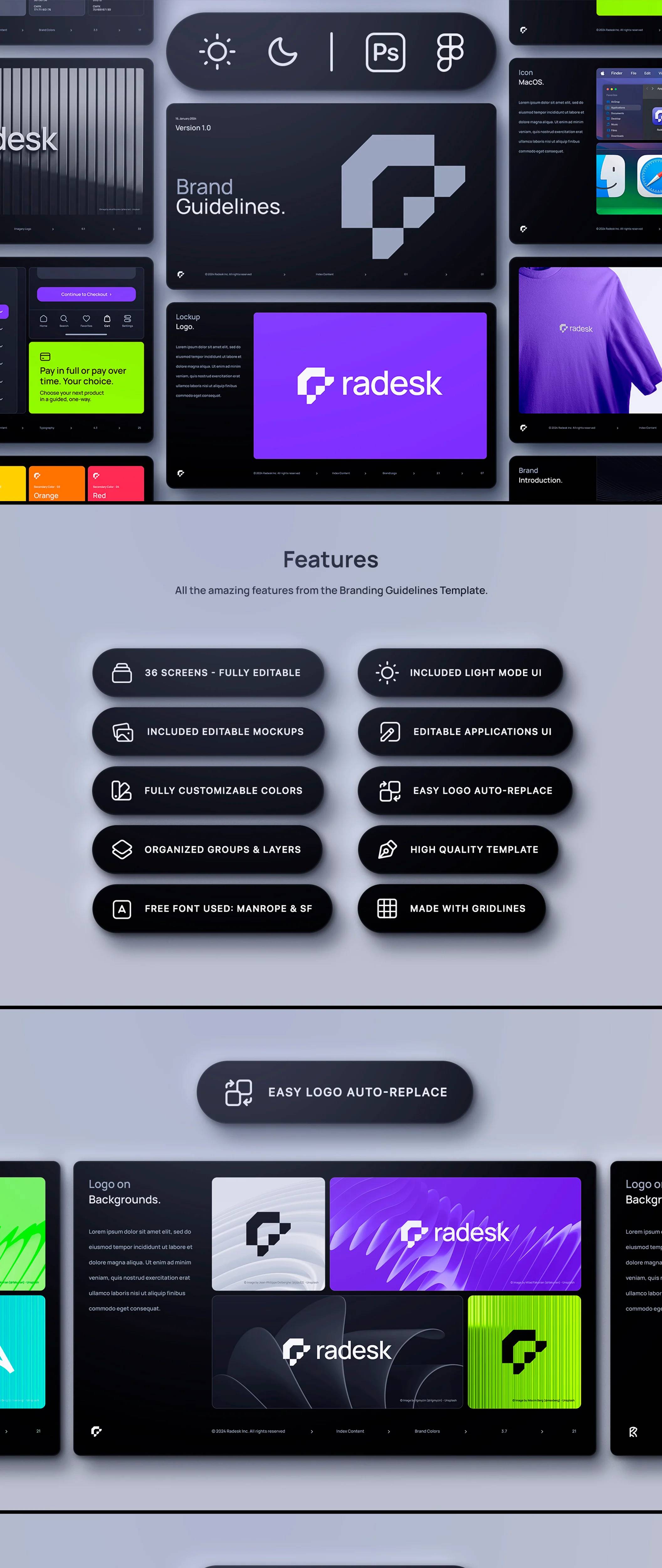 高端品牌PSD Figma模板 115智能换标 92组件 36屏双模式UI设计Brand Guidelines Template - Radesk-果觅网