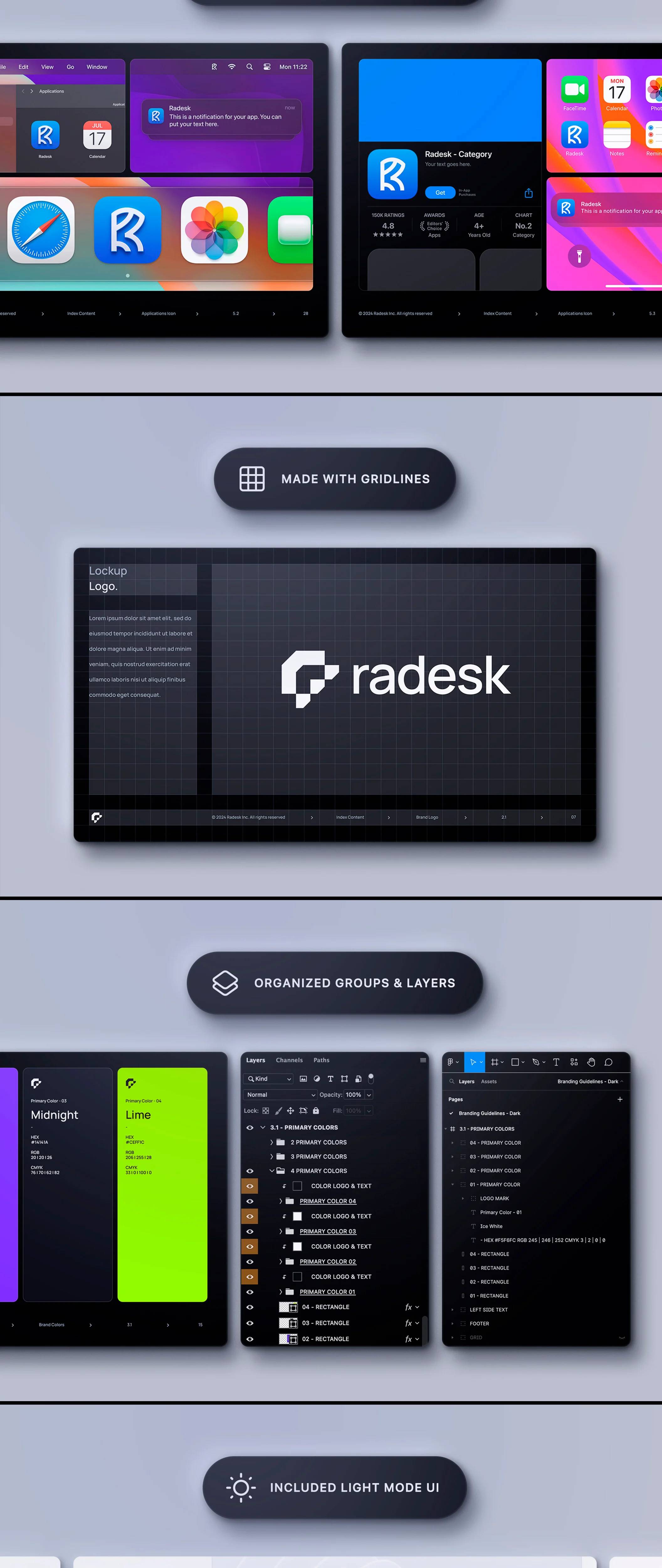 高端品牌PSD Figma模板 115智能换标 92组件 36屏双模式UI设计Brand Guidelines Template - Radesk-果觅网