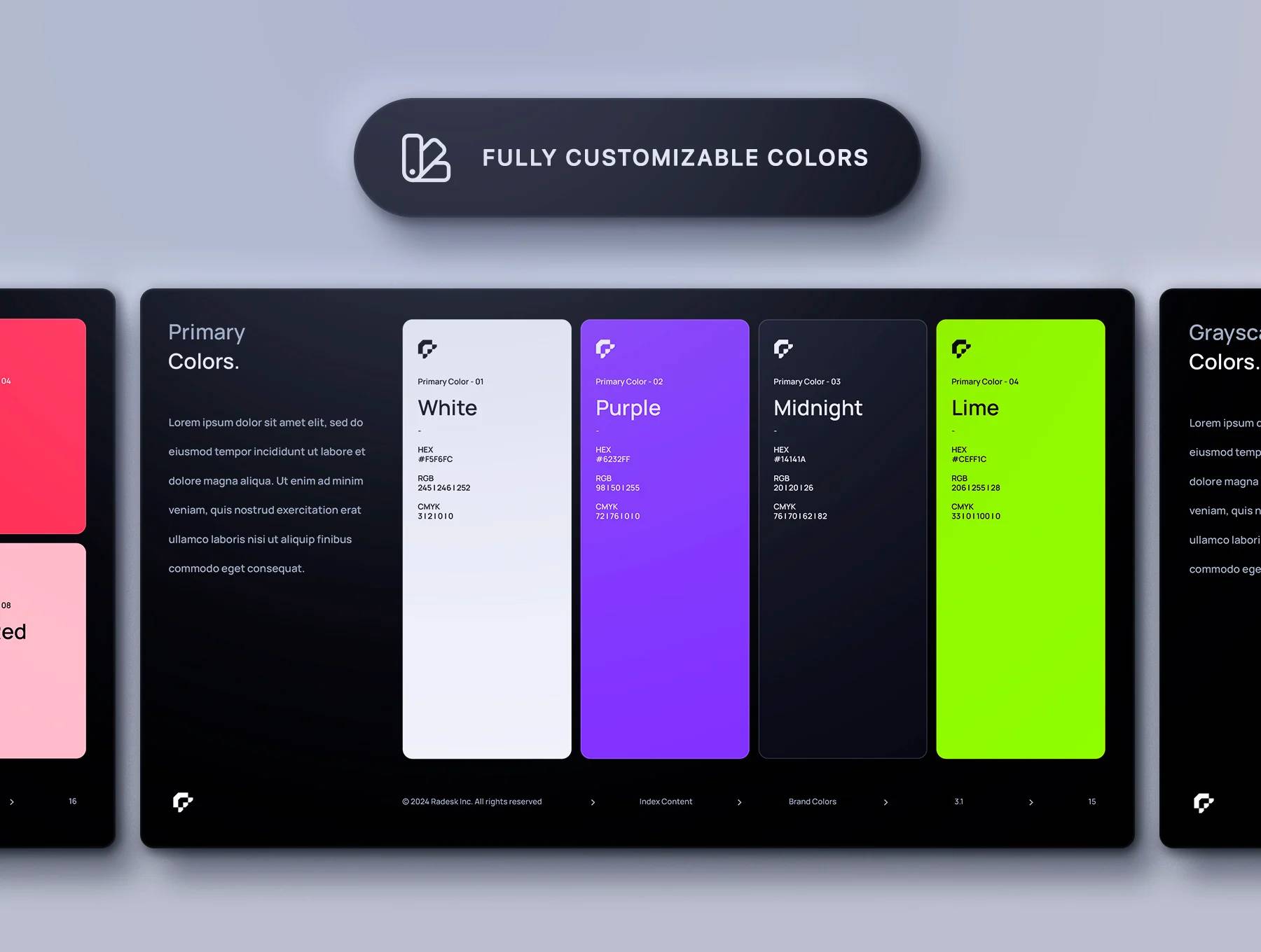 高端品牌PSD Figma模板 115智能换标 92组件 36屏双模式UI设计Brand Guidelines Template - Radesk-果觅网