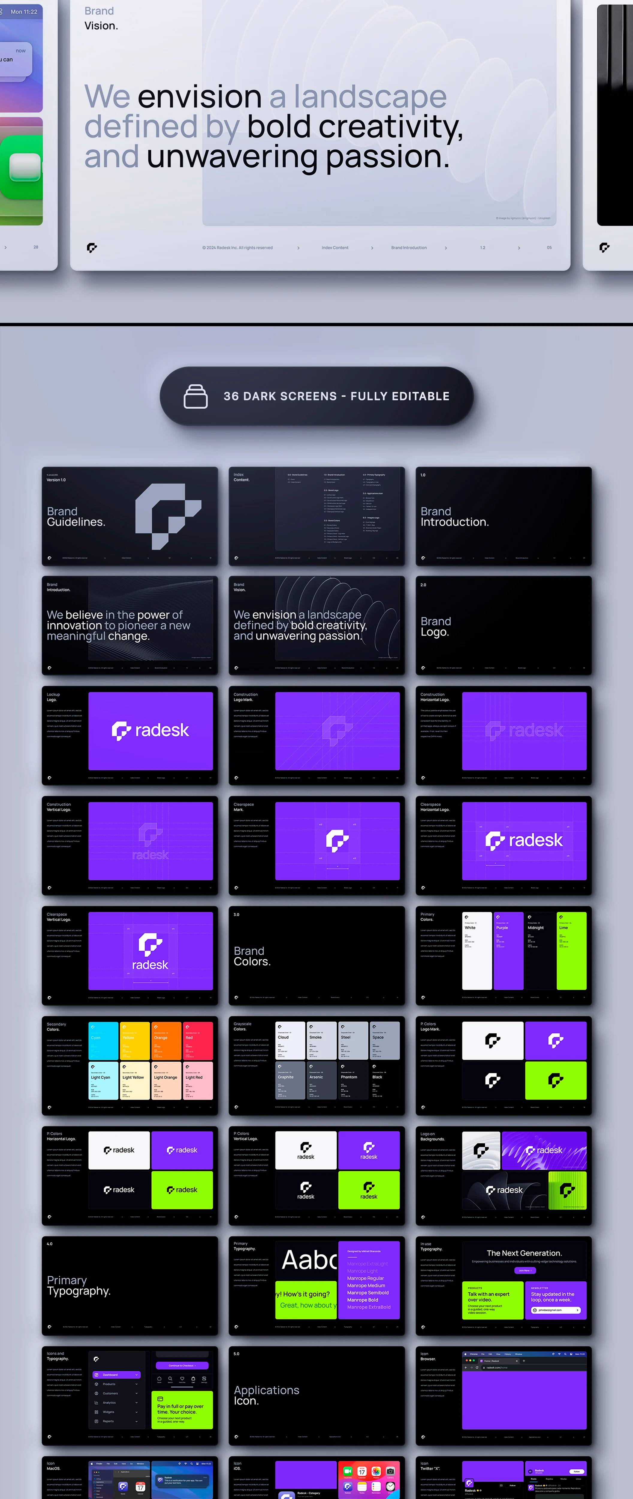 高端品牌PSD Figma模板 115智能换标 92组件 36屏双模式UI设计Brand Guidelines Template - Radesk-果觅网