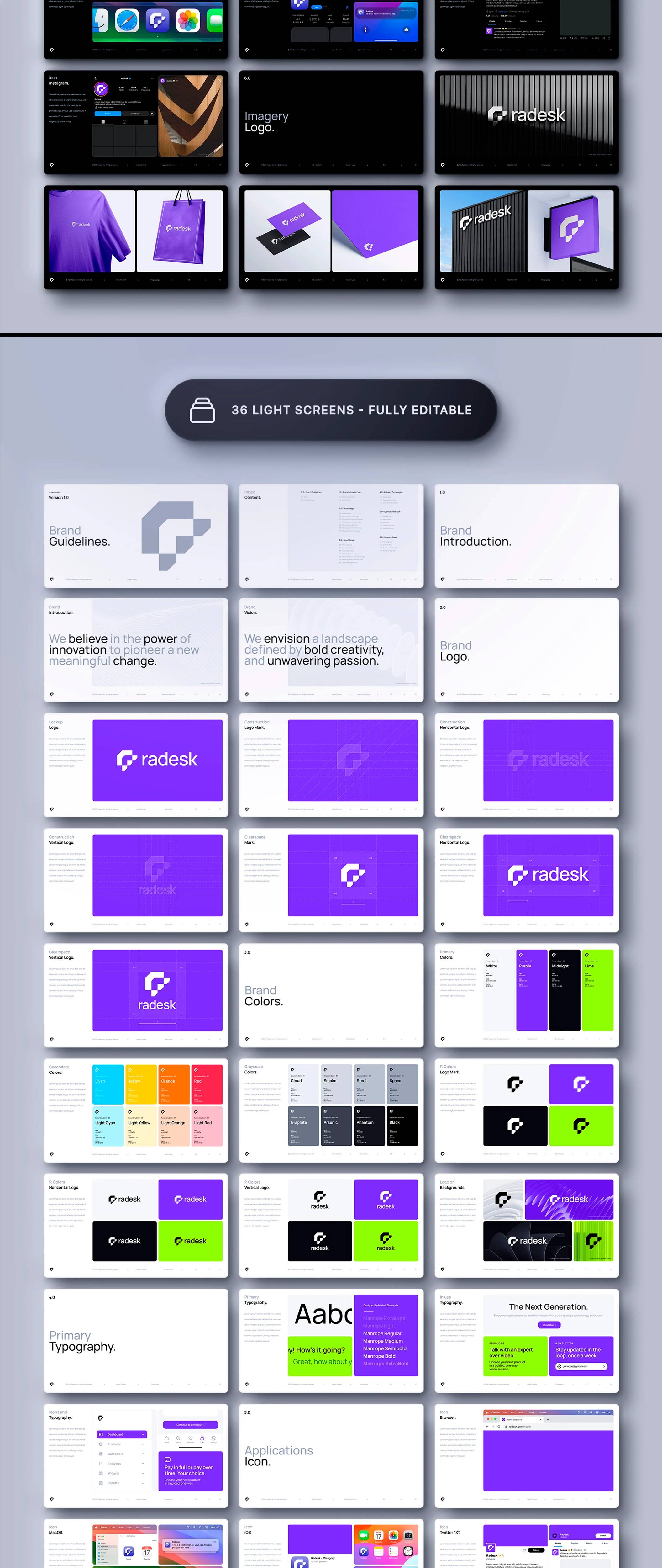 高端品牌PSD Figma模板 115智能换标 92组件 36屏双模式UI设计Brand Guidelines Template - Radesk-果觅网