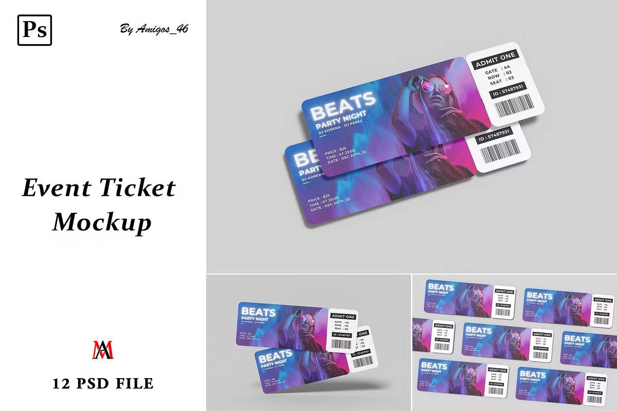 A3869 智能对象PSD票务模板高分辨率300dpi可替换背景商业展示Event-Ticket-Mockup
