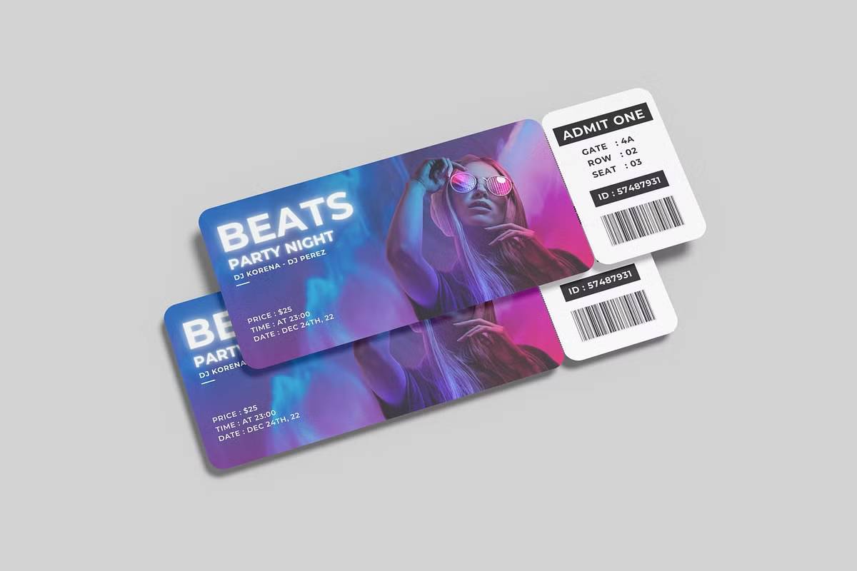 智能对象PSD票务模板高分辨率300dpi可替换背景商业展示Event-Ticket-Mockup-果觅网