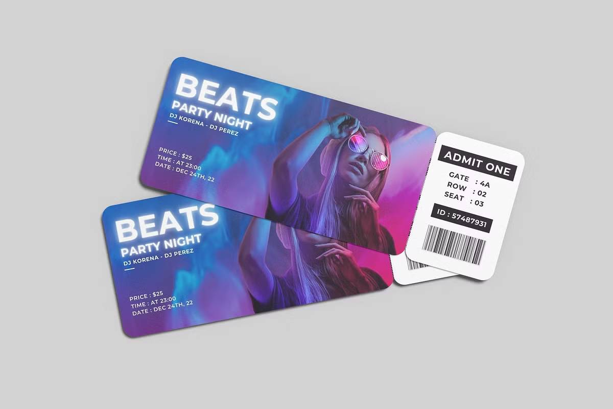 智能对象PSD票务模板高分辨率300dpi可替换背景商业展示Event-Ticket-Mockup-果觅网