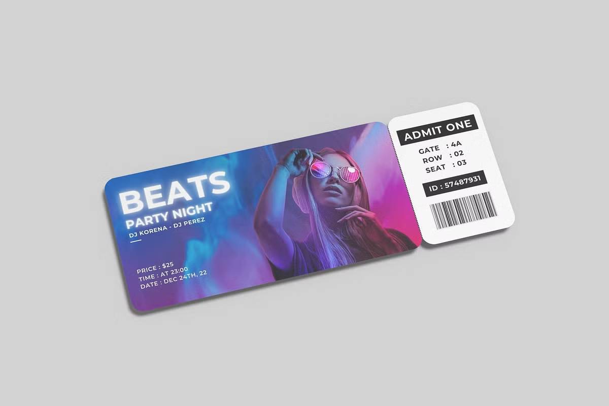 智能对象PSD票务模板高分辨率300dpi可替换背景商业展示Event-Ticket-Mockup-果觅网