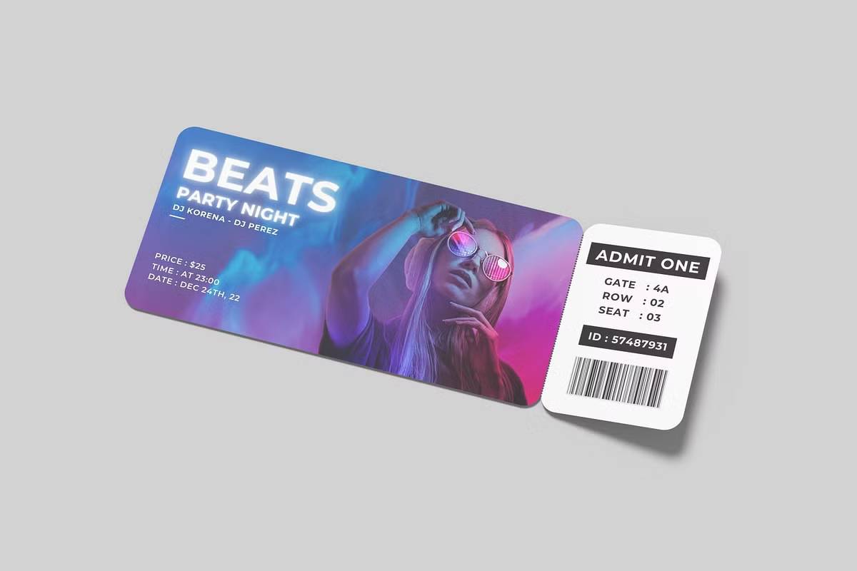 智能对象PSD票务模板高分辨率300dpi可替换背景商业展示Event-Ticket-Mockup-果觅网