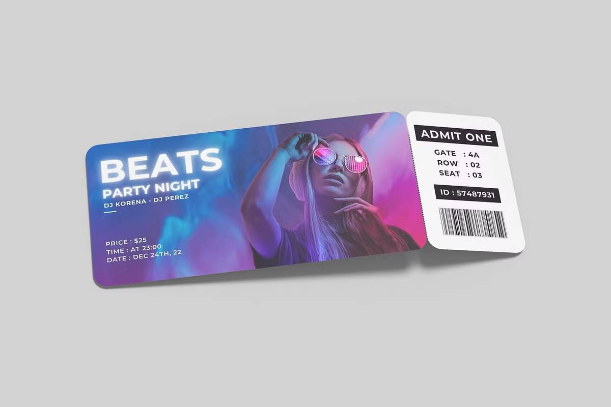 智能对象PSD票务模板高分辨率300dpi可替换背景商业展示Event-Ticket-Mockup-果觅网
