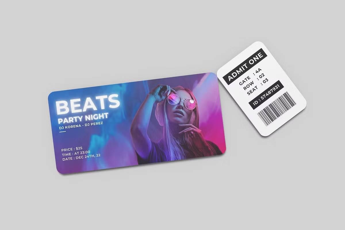 智能对象PSD票务模板高分辨率300dpi可替换背景商业展示Event-Ticket-Mockup-果觅网