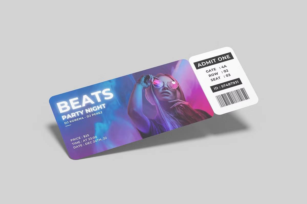 智能对象PSD票务模板高分辨率300dpi可替换背景商业展示Event-Ticket-Mockup-果觅网
