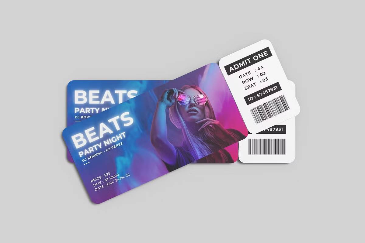 智能对象PSD票务模板高分辨率300dpi可替换背景商业展示Event-Ticket-Mockup-果觅网