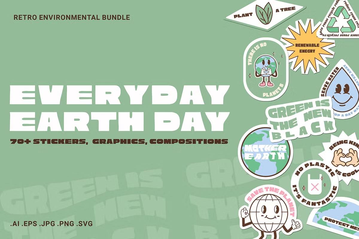 A3870 地球日复古环保贴纸套装PNG透明背景矢量图AI/EPS/SVG格式素材包Everyday-Earth-Day-Collection