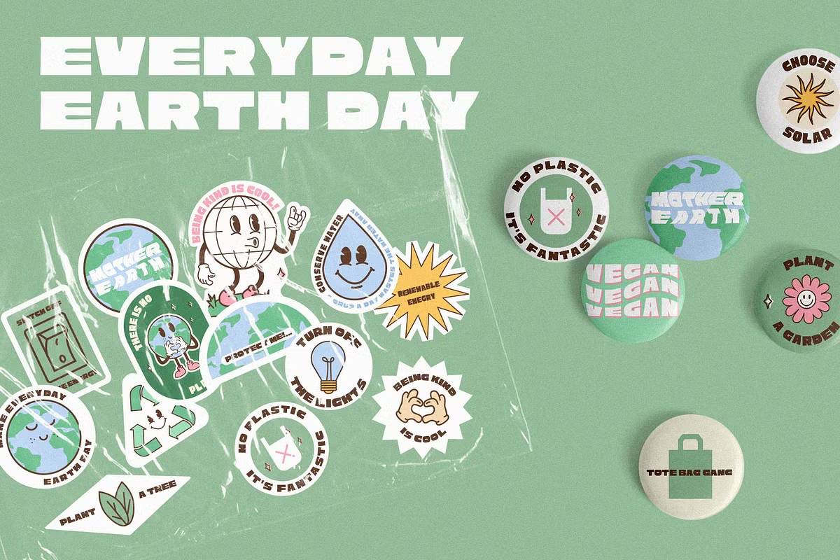 地球日复古环保贴纸套装PNG透明背景矢量图AI/EPS/SVG格式素材包Everyday-Earth-Day-Collection-果觅网