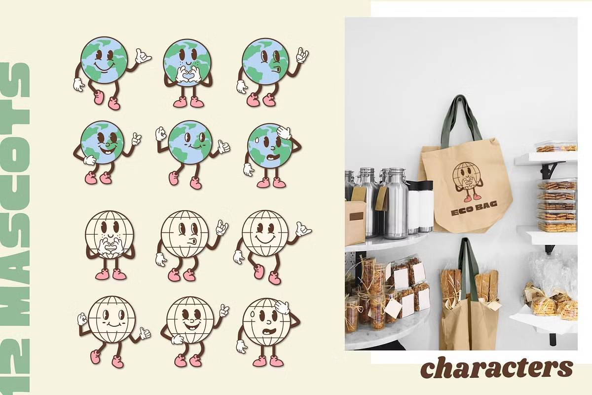 地球日复古环保贴纸套装PNG透明背景矢量图AI/EPS/SVG格式素材包Everyday-Earth-Day-Collection-果觅网