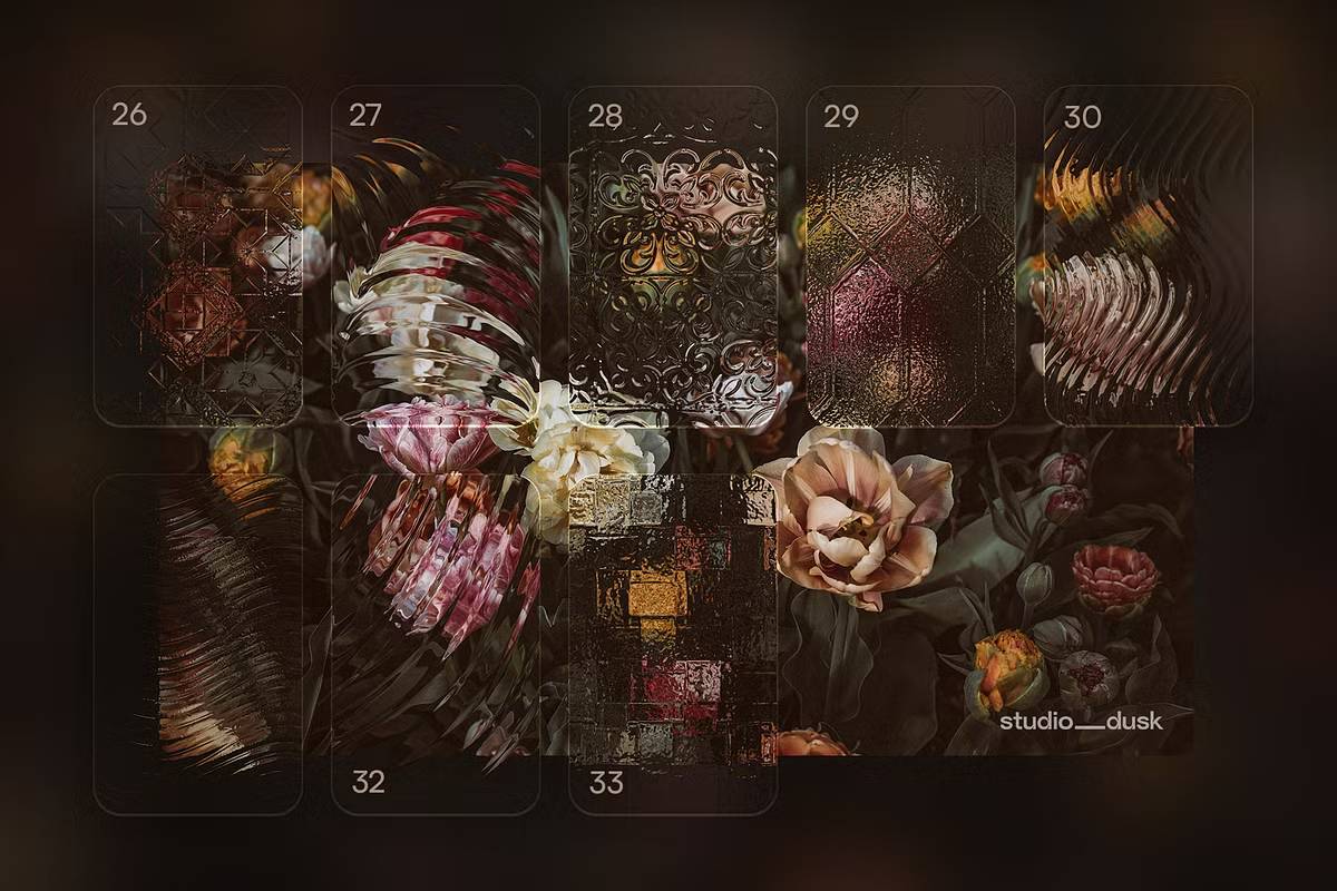 2025新款PS玻璃特效33款合集一键生成高清质感免抠图模板Refracto 33 Patterned Glass Effects-果觅网