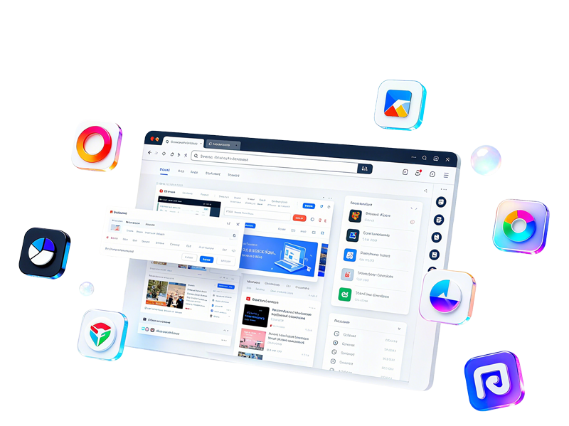 浏览器插件展示图，显示多种插件图标和界面预览