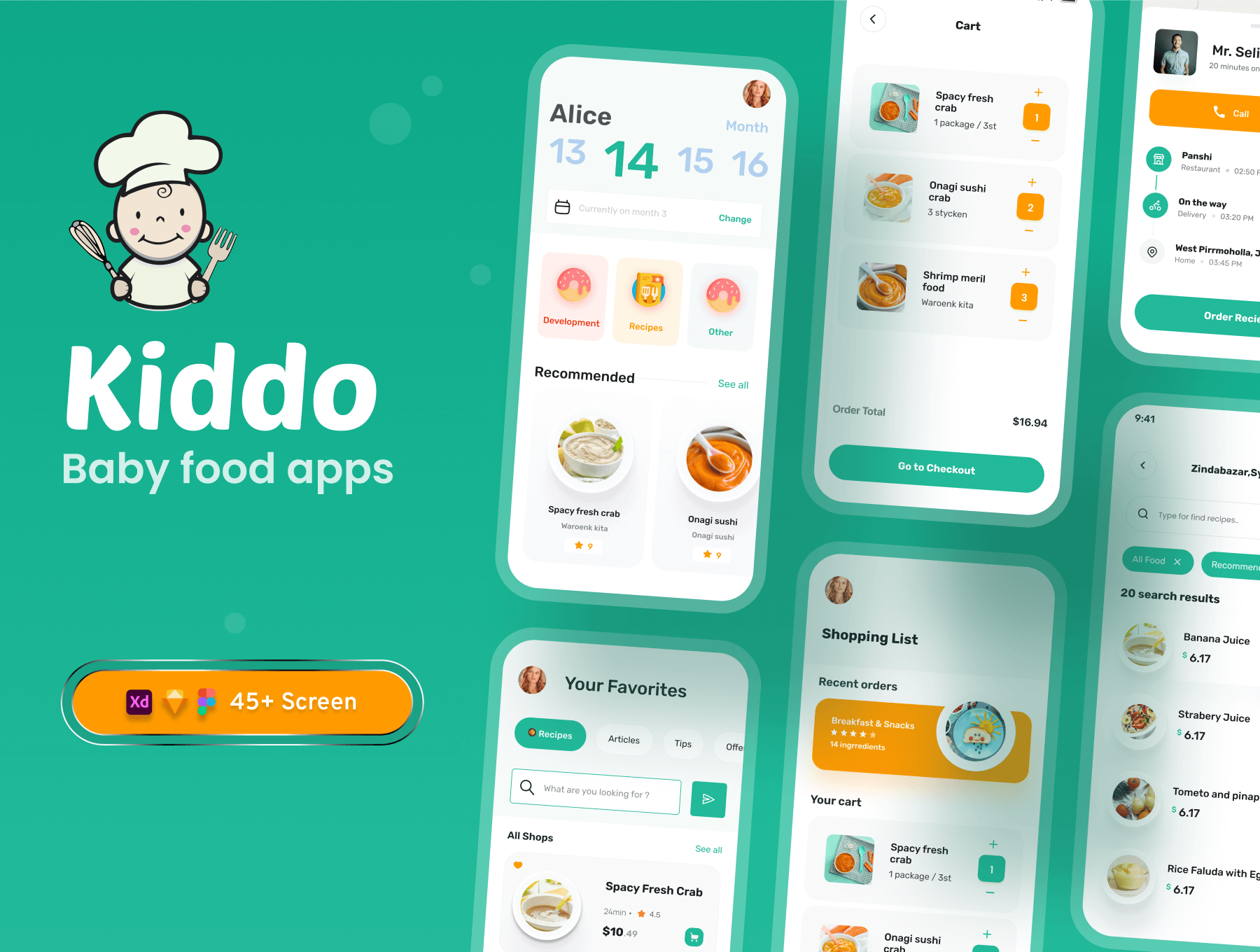 45个绿色极简风格婴儿食品APP UI Kit界面