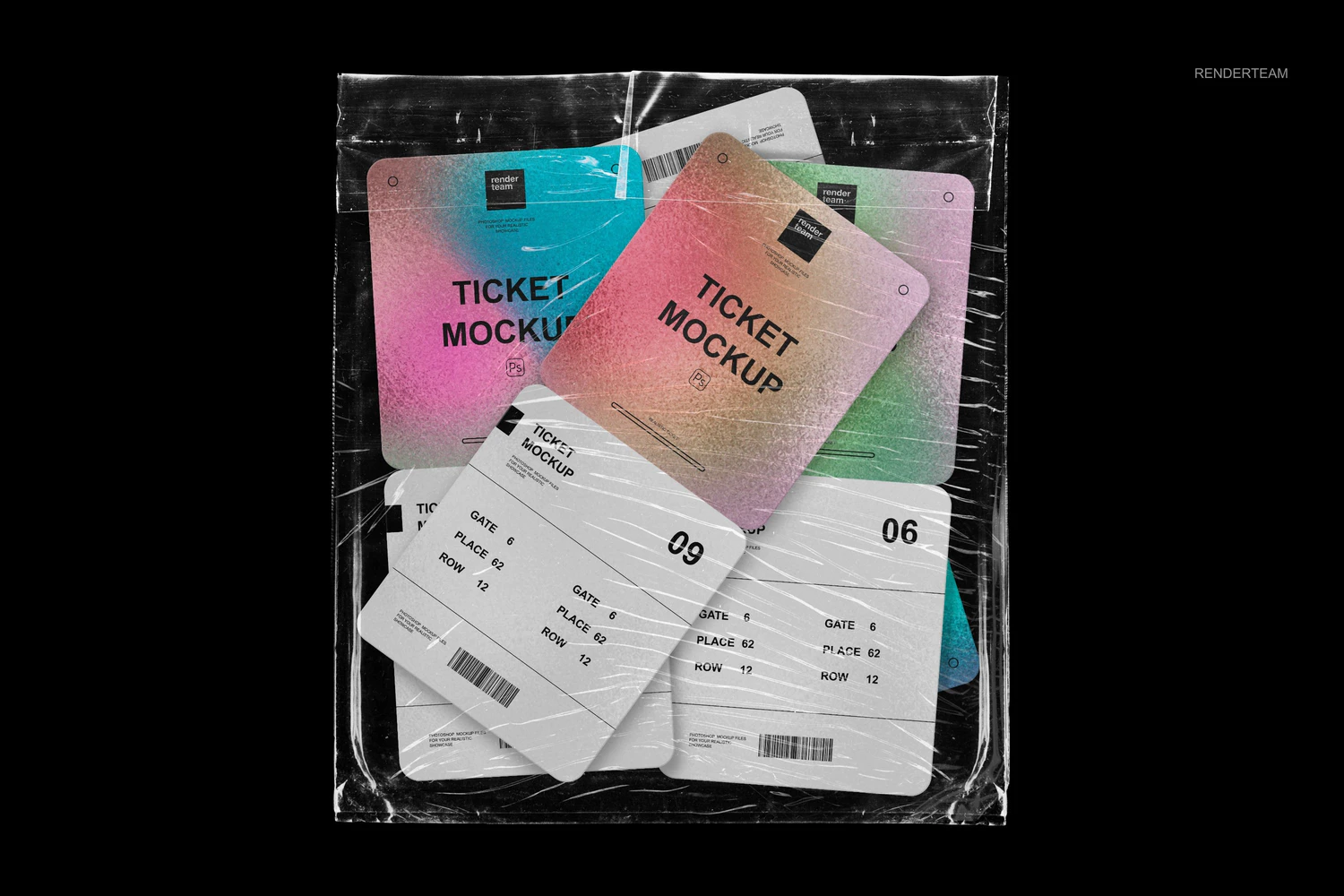 1554 潮流透明塑料薄膜包装纸门票入场券设计贴图ps样机素材展示模板Ticket Mockup