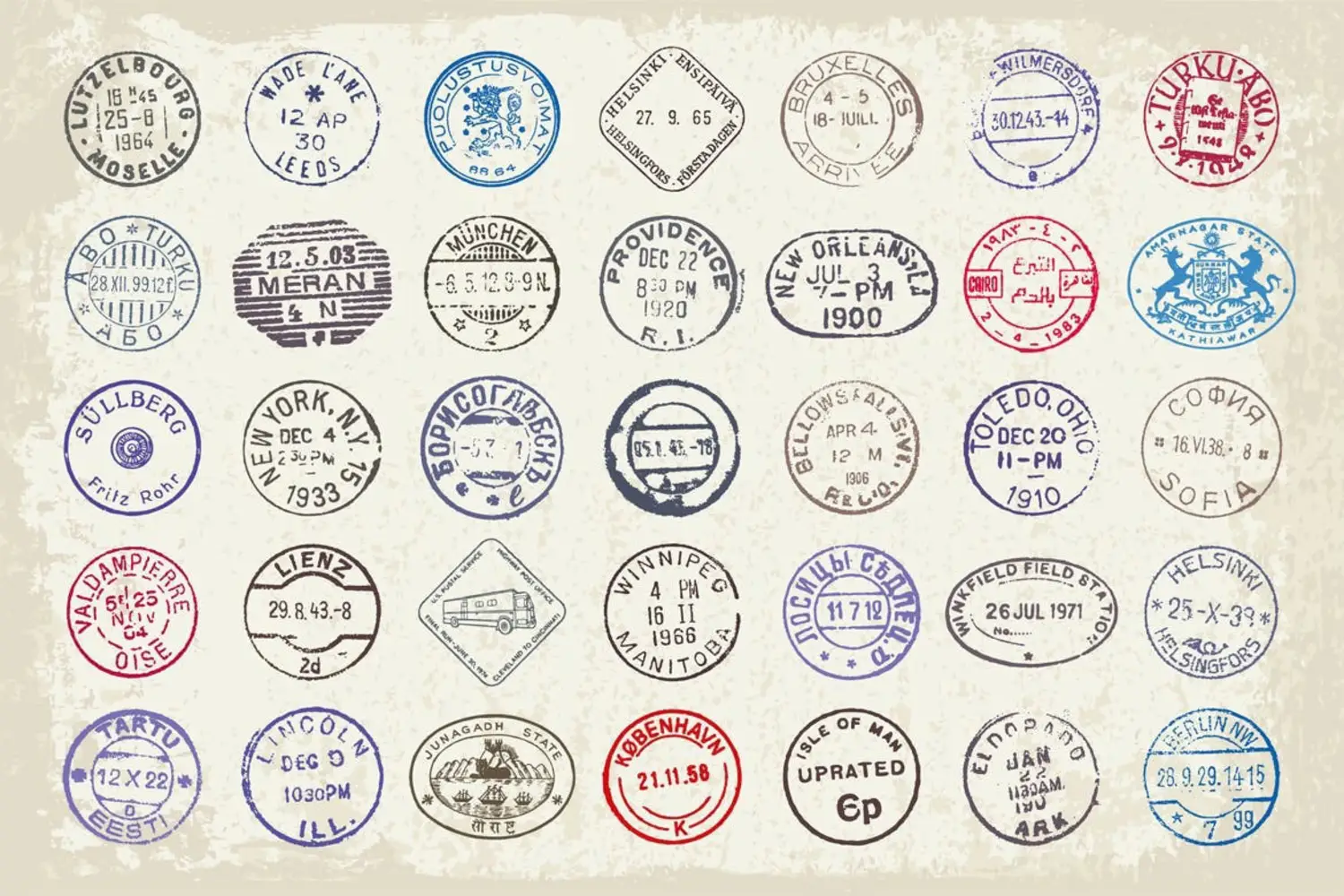 1570 复古印章信件邮戳矢量素材合集Vintage Postage Stamps And Ephemera Vector Set